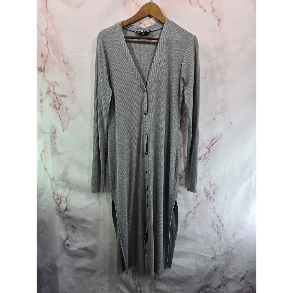 GSTQ Cardigan Womens Medium Gray Midi Long Duster Button Sweater Ribbed Snap